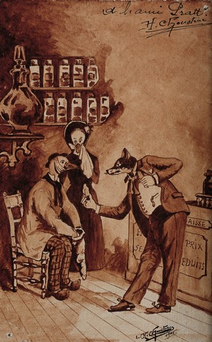 view A pharmacy: the pharmacist (a fox) tries to sell medicines to a customer in pain (a duck, accompanied by his wife). Painting by L.H. Choustrac, 1905.