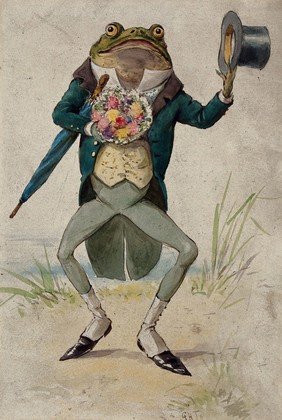 A toad in morning dress, holding an umbrella and a bunch of flowers. Watercolour by G. Hope Tait, ca. 1900.