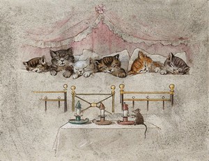 view Six kittens asleep in a canopied bed; a mouse and three candles in the foreground. Watercolour by G. Hope Tait, ca. 1900.