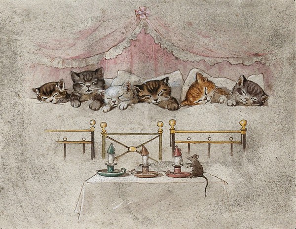 Six kittens asleep in a canopied bed; a mouse and three candles in the foreground. Watercolour by G. Hope Tait, ca. 1900.