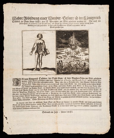 Wahre Abbildung einer Wunder-Geburt, so im Königreich Castilien zu Gian Anno 1680 den 13. December ... gebohren worden ist : Wie auch die Feuer-Saul, so zu Livorno etlich Wochen lang, alle Abend am Himmel gesehen worden.