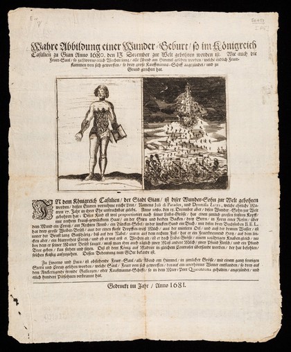 Wahre Abbildung einer Wunder-Geburt, so im Königreich Castilien zu Gian Anno 1680 den 13. December ... gebohren worden ist : Wie auch die Feuer-Saul, so zu Livorno etlich Wochen lang, alle Abend am Himmel gesehen worden.