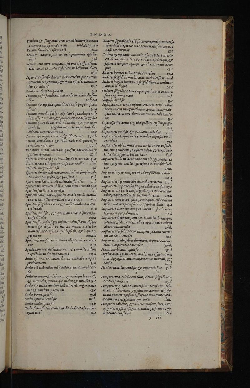 i  t ol seminis e? fanguinis ov do conca&amp;lionum preceden tium eorum generationem ibid c7: 73,4.b Senum facultas mfirma est — 0 72.4 Septum. tranfuevfum. antiqui pracordia appella- bant $5.b Septi matus cum. nece[farius fit motui ve[irationts eius noxa qn motis ve[birationis lafionem. ducet 138.4 Septo tranfuerfo dolente noxa cerebro per partem nerueam con[entitur , qg* ens &amp;gvoty commoue- tur (7 delirat 132.6 Soluta continuitas quid fit $t.C Somnus an fit facultatis naturalis an ammalis fun lio 9s.b.c.d Sorints (7 uigilia quid fit et caufa propter quam fiant 86.d Sons interdiu fa£lus egvetanti quandaque nul- lam 4] ert noxam C7 propter qe caufas 97. b.c Somnus quies ed uirtutis animalis ,qy* quo nam mado $8 Vigilia uero ei inquietudo fa- cultatis corports animalis 88.C omui Qg* utilia uaria figficationes . gg.a.b Sont abundantia qg* multitudo eli pueris fe- cundum naturam 179.d in Sornno uirtus animalis quie[cit naturalis uero Spiratio crebra efl qua breuibus fit internalus $4.c Spiratiorara eil qua longis fit interuals ibid Spiratio magna quid fit $5.€ Spiratio duplex babetur una tidelicet fimplex ,al- tera uero compo[rta q7* qua [unt $6.b Spirationis facilitas el naturalis [Jivatio..— s7.b Spivatiomis priuatio no flat. cum uiuo animali 54. Spiritus feu [pvatio quid fit ibid Spiritus varus parau[que in acutis morbis natiun , €aloris extintlinem imdicat C77 cau[a $;.d Spiritus frigidus ex oreqg* na[o exbalans in aca- — tis letbale $6.4 ^ e ANI Spiritus quid Jit , dg* quo nam modo à [piritu fla- £uo[o di('det 100.€ Spiritus flatuo[us fi per infimam alui fedem ab[aue fonitu co* crepitu. exierit , im morbis acutis bo- num ét. Et caufaye quid ipft it, qz à quopro gignatur I00.£. Spiritus flatuofas cum urina aliquando excerm- tur lOI.C Spontinam euacuationem natura committendam expe&amp;labit im die sudicatiomis 175.b Sudor efl unusex: bumoribus in ammalis. corpore prodeuntibus «9. b sudor eft elaboratus ucl à natura, uel a morbi cau- f4 sg b Sudor quoniam frc elabovatus quandoque bonus efl, qg naturalis, quandoque malus qg* uitiofus sg. sudor c7* urina eundem babent modum generatio nis,C7 eandem materiam $8.C Suder bonus quid [rt $9.d sudor optimus quid it ibid. Sudor malus quid fit 6o.b Sudor [i non fiat ia acutis ia die iudicatorio ambi- guis erit : 6L€ Sudoris fie mficatio eff fuccorum,qui in uniuerfo abundant corpore.V vina ucro eorutn [unt qua 1m uafis continentur - $8.€ Sudoris fgnifieatio à inultis afumi potest uideli- cet ab eis quantitate (7? qualitateyodoreque c7 fapore:a tempore ,quo fit. 7 ab eius exitu a core pore 58.€ Sudorts bonitas tribus perficitur rebus $9.4 Sudores frigidi in morbis acutis letbales funt. &amp;o.d Sudores frxgidi bumorum fe igidi(fimam multitu- dinem indicant 61.4 Sudores f/igidi ex toto corpore prodeuntes 1a acuta febre egrum necant 61b Suffufio quid fit $;.€ Sujufronesim oculis ufionis errorem propinantur ob errantem imaginatiuam ,promtttentem ali- quid extraintueri, dum tamen nibil tale extite- rit $1.C Supera[perfio 4qua frigida pectori tufsim progi- 14111 I4.d Suppuratio quid fit d7* quo nam modo frat... 2c. Suppuratio eff qua extra membri füperficiem in tuanat o 71. Suppuratio ubi in mucronem uertitur c7* in [abli- me eus generatio y ex fucco calido (77 tenui exi- ÉIit eelerinfque wn pus uertitur ibid. Suppuratio ubi inlatum ducitur ets reneratio ex fucco frigido existat , [eriufquem pus fübducis tuvo ibid. Suppuratio eget tempore ut ad perfe&amp;lionem deue- niat 126.C Suppuratio gignitur ubi dolor diuturnatur | Yv7.b Suppuratioim parte la ft qua calidior exiflit x17.c Suppuratio in parte illa fatig abit in qua dolor qg* calor atque pauderis fenfus fimulcetunt — ibid. Suppurationts locus quia propinquus eft cordi ad ipfum uapores porrigutur ,et febre accédut. 123.4 Suppurati dicuntur qui pus babent. ia [facio inter thoracem C pulmonem 122. Suppurati dicuntur , qui non [ilum in thorace pus obtinent , fed in quauis alia corporis parte ad pus alteratatubercula ibid. Suppuratus [i febris eum dism[erit , eadem raptio- t$ die [anus euadet 132.C Suppuratum ubi febris dumi[evit ob puris euacua- tioncm appetentia concre[cet alid. Status morbi acuti quid fit 4$9.d Stridor dentium in acutis morbis non a[fuetus , ma lum. Significat autem in[aniam ac mortem, 7 cauíz 49.d Stridere dentibus quid fit c7 quo modo frat — so.b T remperatura calida qui (unt, citius ; feigidi uero tardius pubefcunt 173.d Temperature calida conuevfionis terminum pri- mum ad babitum frigidurem annum trigef- mum quintum poféidet, fida uero temperatu- re annum trige[nnum e caufg tbid. T'emperies cali pu C7 atas tempu[aue, locayumes sentes ocyfsume fapparationem perficiat ,qo* bis contraria feriis 164 9' tii