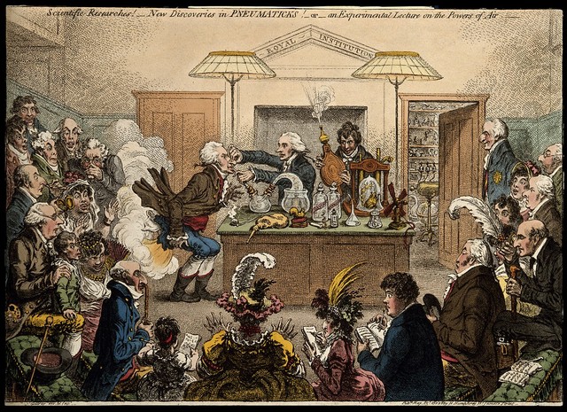 A lecture on pneumatics at the Royal Institution, London. Coloured etching by J. Gillray, 1802.