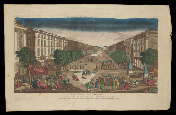 The main thoroughfare of Marseille during the plague of 1720. Coloured etching after M. Serre.
