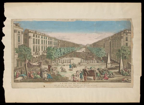 The main thoroughfare of Marseille during the plague of 1720. Coloured etching after M. Serre.