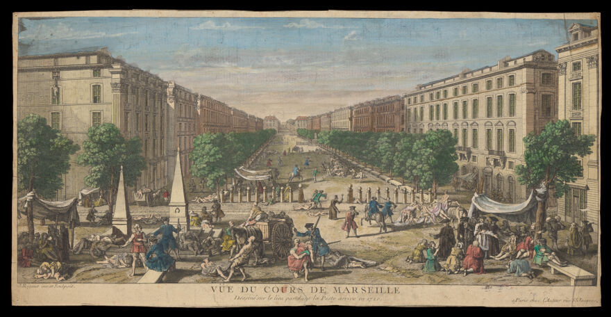 The main thoroughfare of Marseille, during the plague of 1720. Coloured etching by J. Rigaud after M. Serre.