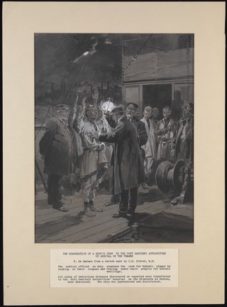 A medical officer examining a ship's crew for bubonic plague on arrival in the Thames. Watercolour drawing by F. de Haenen, 1905, after C.E. Eldred.
