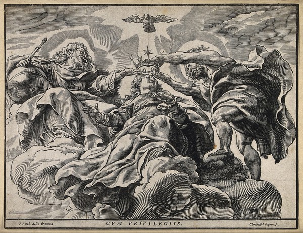 The Holy Trinity crowning the Blessed Virgin. Woodcut by C. Jegher after Sir P.P. Rubens.