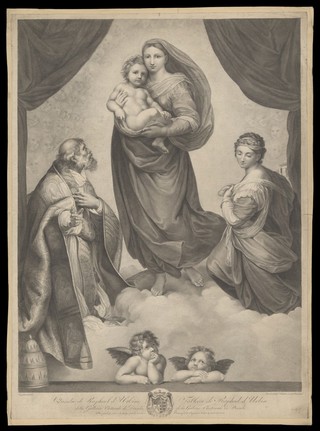 Saint Mary (the Blessed Virgin) with the Christ Child, Saint Sixtus, Saint Barbara and angels. Engraving by C.G. Schultze after C.J.J. Seydelmann after Raphael.