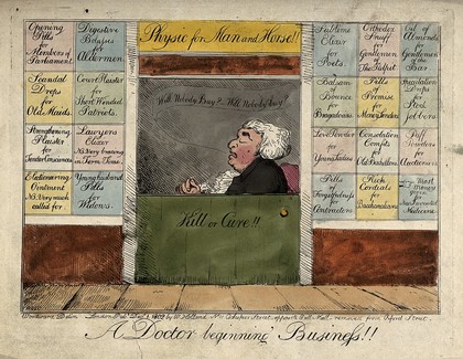 A new apothecary's shop open for business, with parody advertisements for different potions; representing the remedies required for different professions and social types. Coloured etching after G.M. Woodward, 1802.