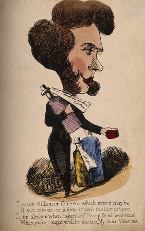 A quack doctor irresponsibly dispensing his potions. Coloured lithograph.