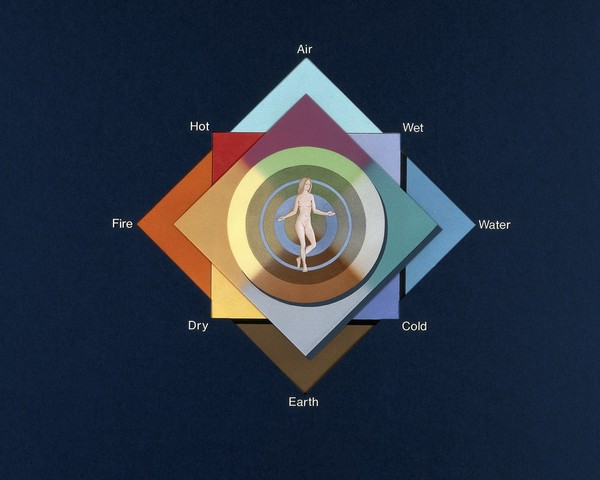 The four elements, four qualities, four humours, four seasons, and four ages of man. Airbrush by Lois Hague, 1991.