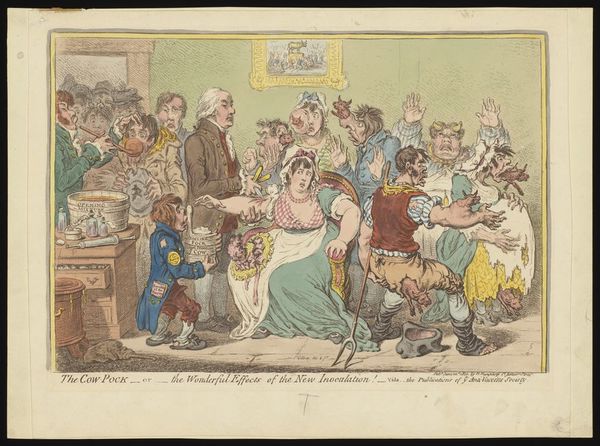 Edward Jenner vaccinating patients in the Smallpox and Inoculation Hospital at St. Pancras: the patients develop features of cows. Coloured etching by J. Gillray, 1802.