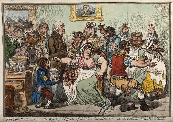 Edward Jenner vaccinating patients in the Smallpox and Inoculation Hospital at St. Pancras: the patients develop features of cows. Coloured etching by J. Gillray, 1802.