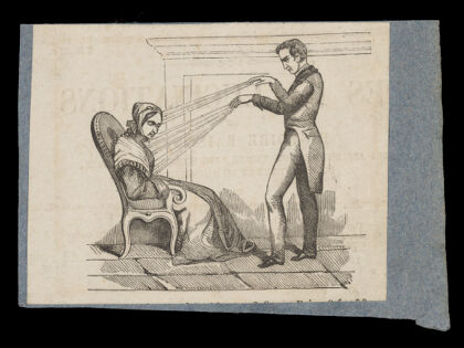 A mesmerist using animal magnetism on a seated female patient. Wood engraving, ca. 1845.