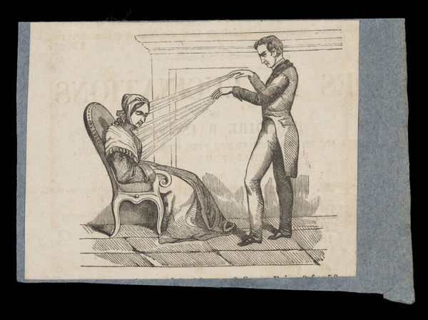 A mesmerist using animal magnetism on a seated female patient. Wood engraving, ca. 1845.
