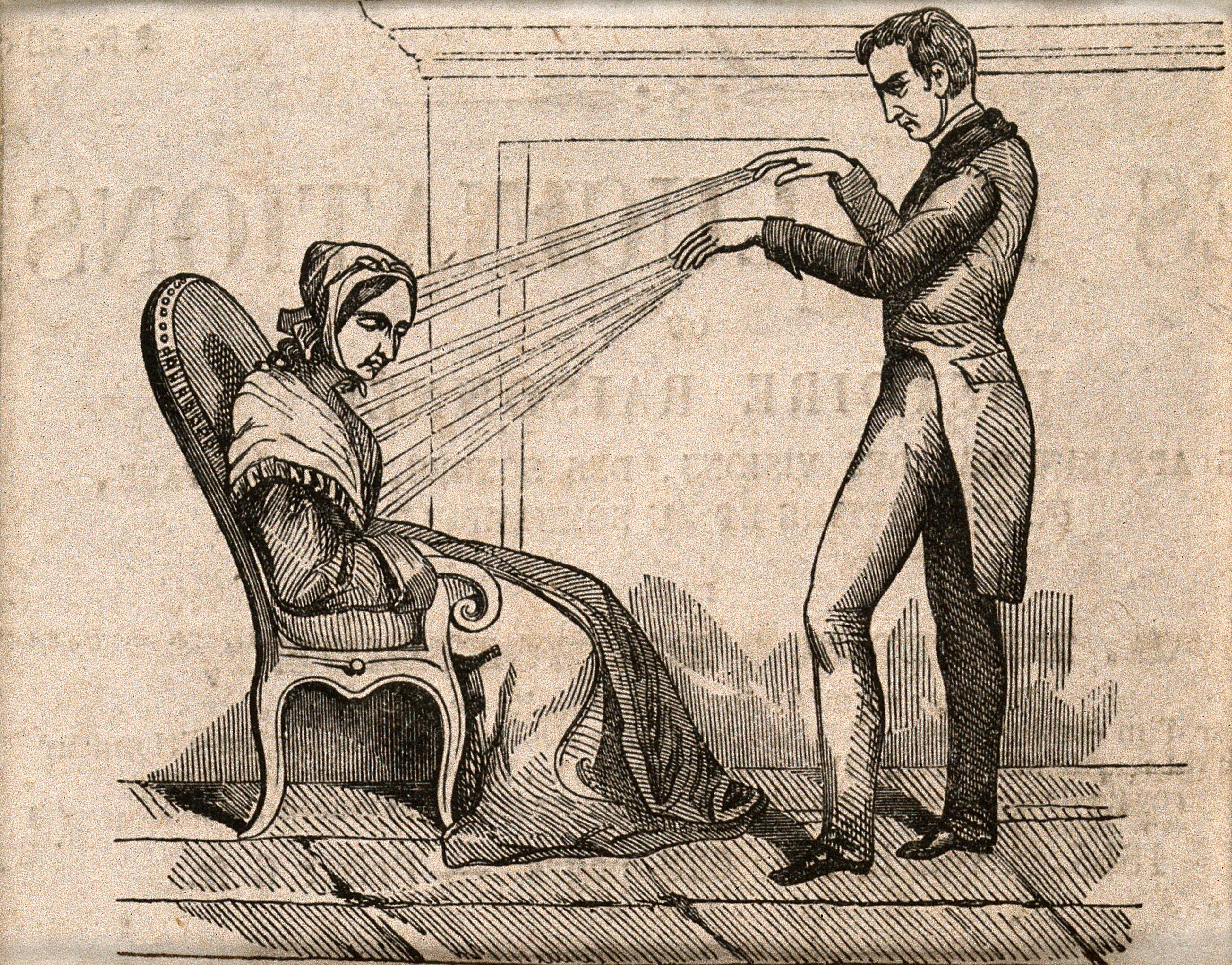 A mesmerist using animal magnetism on a seated female patient. Wood engraving, ca. 1845.