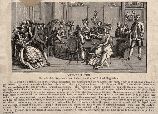 A large gathering of patients and assistants to Mesmer's animal magnetism therapy, showing use of the special tub at his clinic. Wood engraving by H. Thiriat.