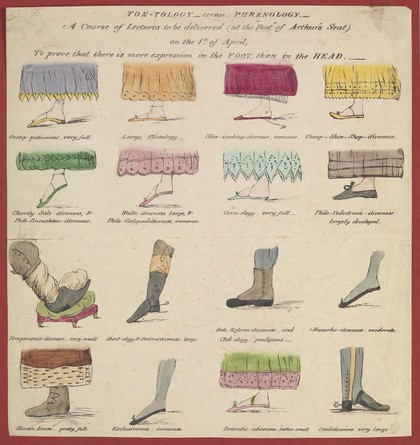 Sixteen feet in profile, of women and men: a parody of phrenology. Coloured etching.