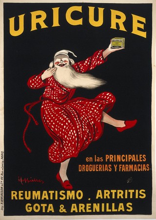 An old man in night-clothes holding up a box of "Uricure" pills as an advertisement for their efficacy against rheumatic diseases. Coloured lithograph by L. Cappiello, ca. 1910.
