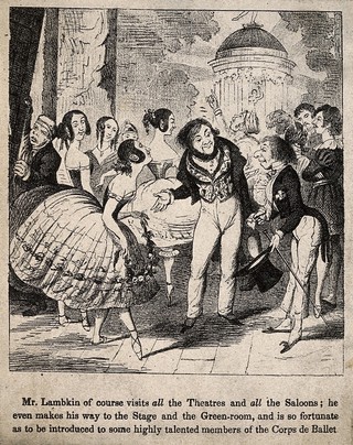 Mr. Lambkin (right) being introduced to a ballet dancer. Lithograph after G. Cruikshank.
