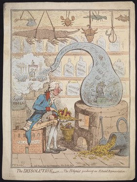 William Pitt the younger as an alchemist using a crown-shaped bellows to blow the flames of a furnace and heat a glass vessel in which the House of Commons is distilled; representing the dissolution of parliament by Pitt. Coloured etching by J. Gillray, 1796.