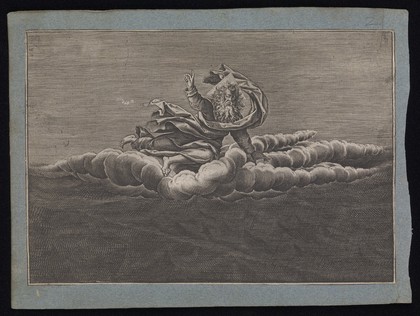 The first day of Creation: God, borne by a cloud, divides the light from the darkness. Line engraving by T. de Leu after M. de Vos.