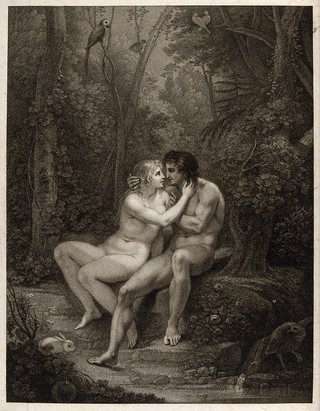 Adam and Eve in the garden of Eden. Stipple engraving by F. Bartolozzi after T. Stothard, 1792.