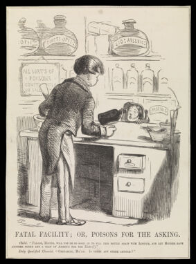 An unscrupulous chemist selling a child arsenic and laudanum. Wood engraving after J. Leech.