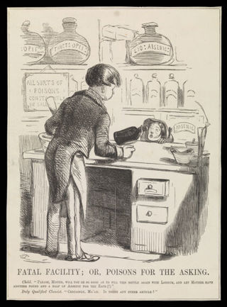 An unscrupulous chemist selling a child arsenic and laudanum. Wood engraving after J. Leech.