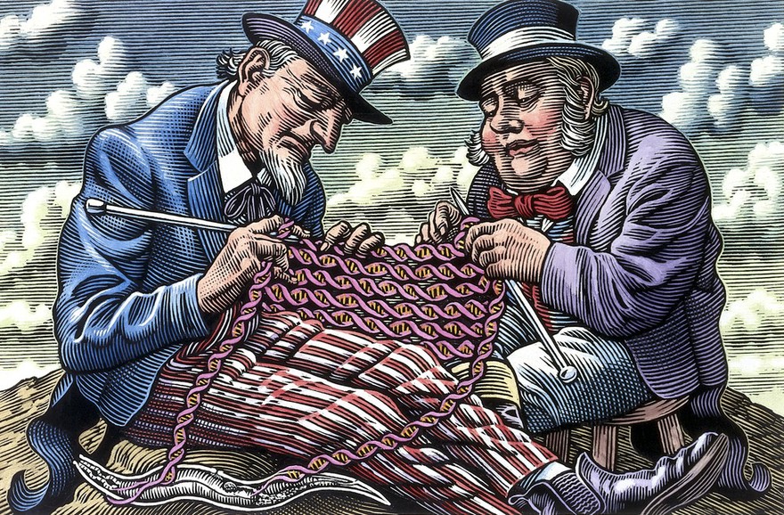 Anglo-American research on the human genome, represented by Uncle Sam and John Bull knitting DNA. Scraperboard drawing by Bill Sanderson, 1990.