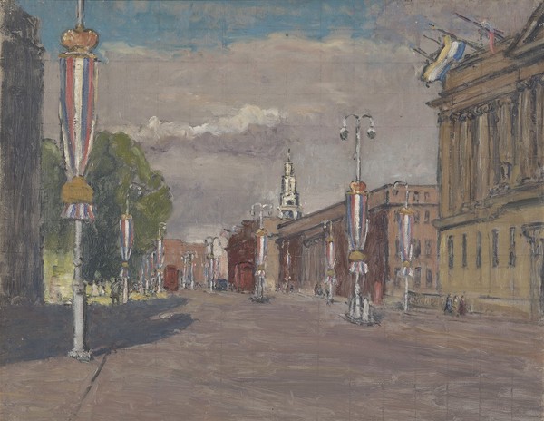Euston Road, London, from outside Bentley House, showing the Wellcome Building, Friends' House and St Pancras Church with decorations for Coronation Day. Oil painting by Paul A. Lord Methuen RA, 4th Baron, 1953.