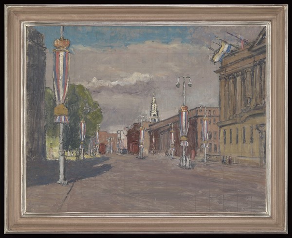 Euston Road, London, from outside Bentley House, showing the Wellcome Building, Friends' House and St Pancras Church with decorations for Coronation Day. Oil painting by Paul A. Lord Methuen RA, 4th Baron, 1953.