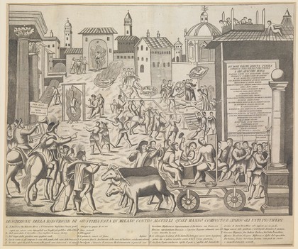 Torture and execution of alleged plague carriers in Milan, 1630. Engraving.