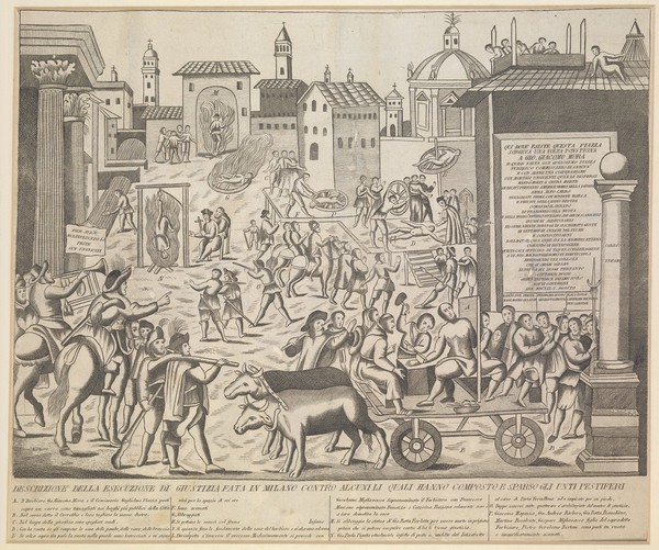 Torture and execution of alleged plague carriers in Milan, 1630. Engraving.
