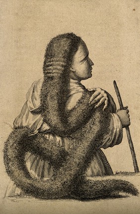 A person with very long, strange hair. Engraving.