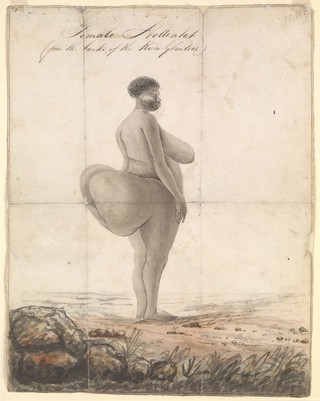 A "Hottentot" woman with prominent buttocks. Watercolour painting.