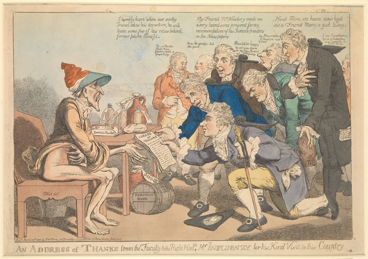 A satirical coloured etching of named London physicians thanking the personified flu epidemic for their business.