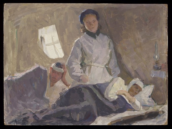 A nurse attending the wounded in a Soviet military hospital. Oil painting by Sophia Uranova, ca. 1962.