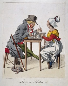 A corrupt old man tries to seduce a woman by urging her to take a hypnotic draught in her drink. Coloured lithograph by C. Motte.