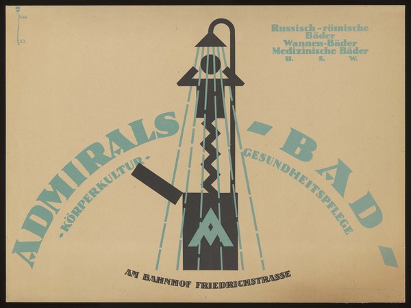Taking a bath at the Admiralsbad, Berlin. Colour lithograph after L. Fries, 1922.