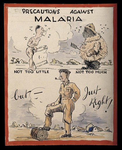 Advice to British soldiers about malaria. Coloured pen drawing by Copp, ca. 1944.