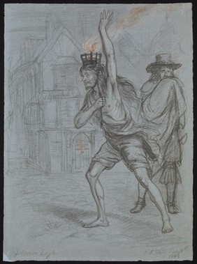 Solomon Eagle striding through plague ridden London with burning coals on his head, trying to fumigate the air. Chalk drawing by E.M. Ward, 1848.