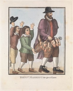 Benjamin Marriot, a man who ate vast amounts of food. Coloured engraving.