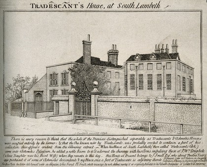 The house of John Tradescant I at south Lambeth. Line engraving after J.T. Smith, 1798.