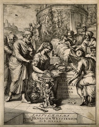 Anatomy and medicine performed outside a temple of Apollo and Aesculapius, representing themes in the works of Thomas Willis. Etching attributed to R. de Hooghe, 1682.