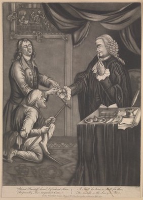 A lame man and a blind man go to court; the lawyer eats oysters and gives them the empty shells. Mezzotint, 1779.