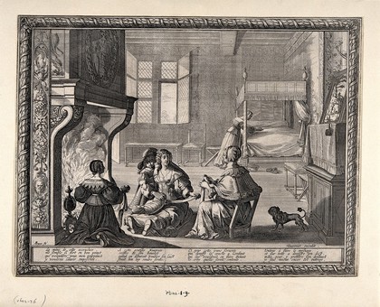 A mother wrapping a baby in swaddling bandages, with a child, the baby's nurse, and two other servants. Engraving by A. Bosse, 1633.