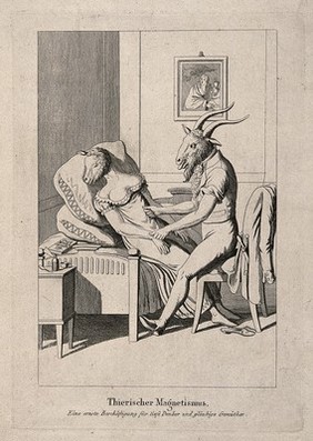 A goat-headed man caresses a sleeping ewe-headed woman; representing the notion of animal magnetism and its application by physicians. Etching after M. Voltz (?), 1815.
